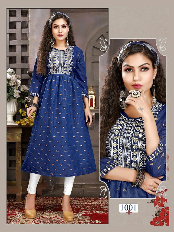 Riyaa Avni 1001 Heavy Cotton Printed Ethnic Wear Embroidery Kurti Collection